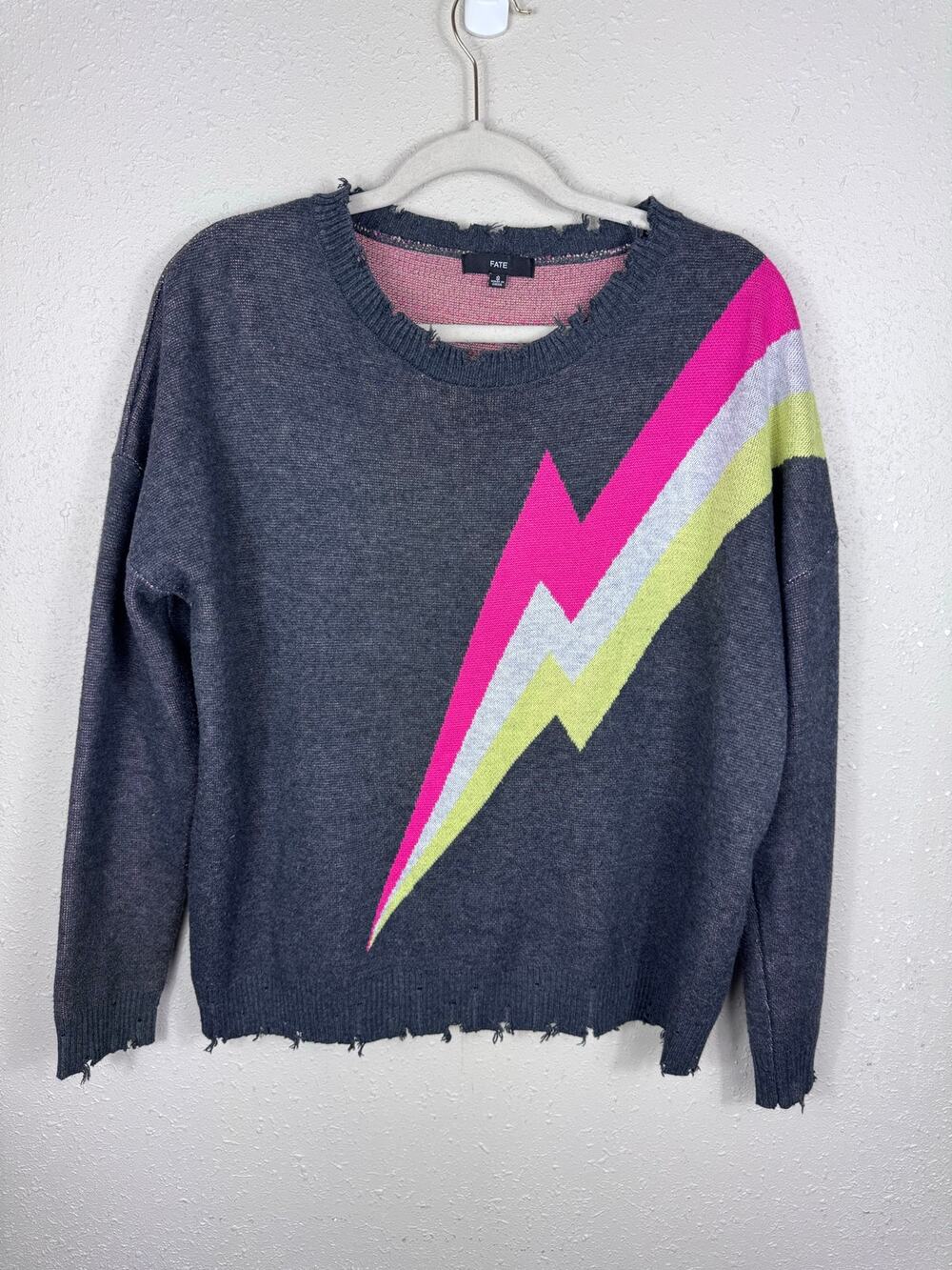 Fate Women Distressed Lightning Bolt Sweater Gray Knit Wool Blend
Oversized Sm